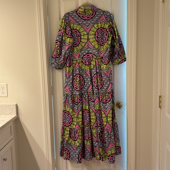 The Oula Company Tiered Midi Dress Pink Green Print - Picture 6 of 6